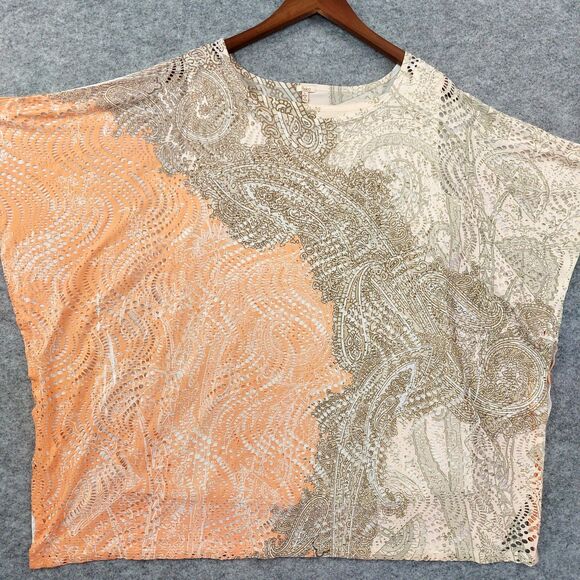 Reba Tops - Reba Poncho Blouse Sz L Orange Beige Paisley Embellished Sheer Top Lagenlook